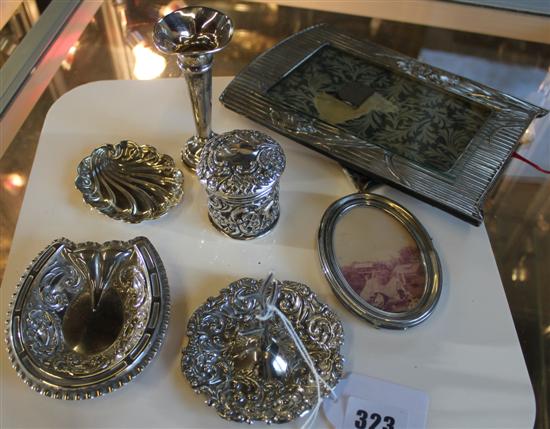 Silver shell bon bon dish, similar horseshoe dish, cranberry glass pin jar, silver ring stand, specimen vase & 2 frames